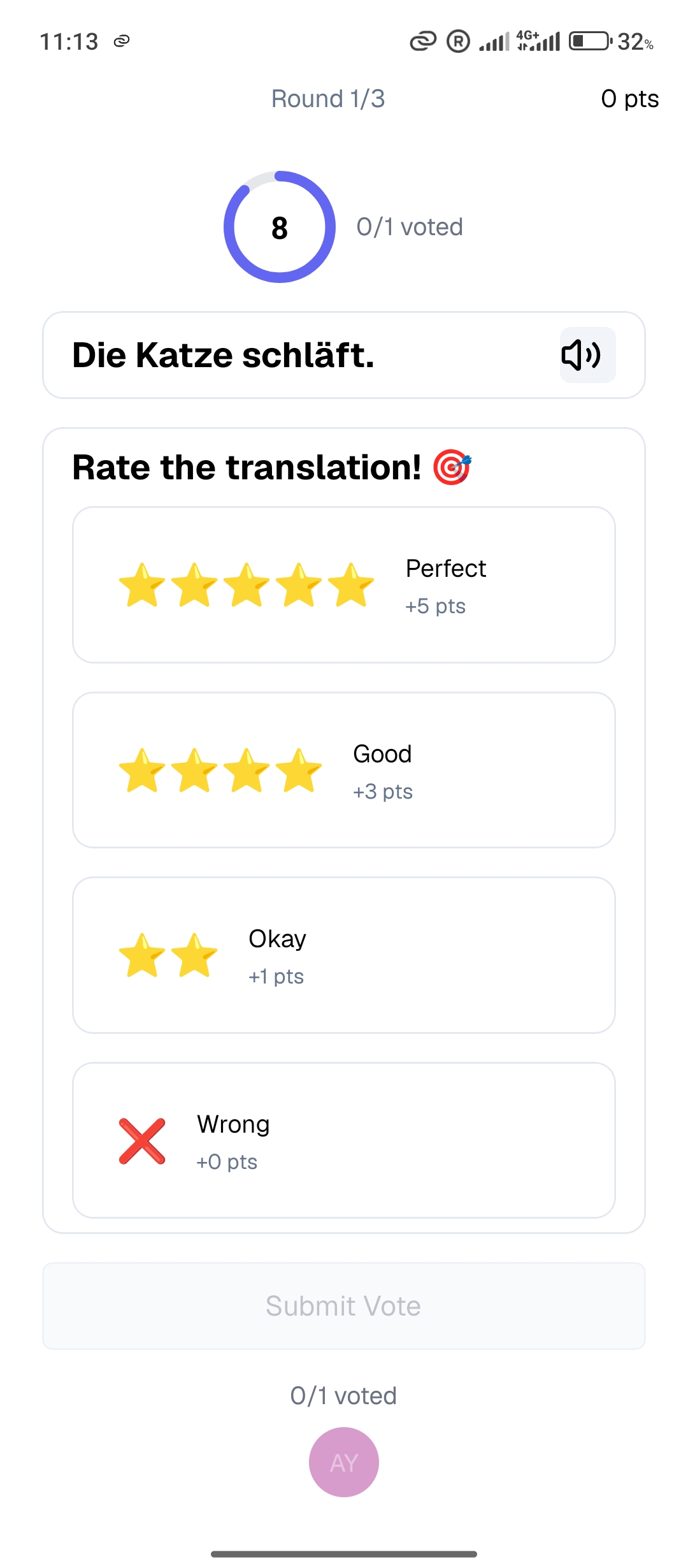 Voting screen in Duello, a group word game where players vote on translations