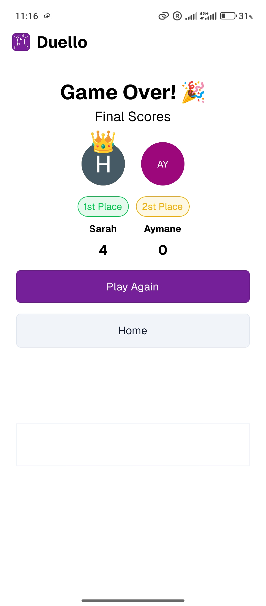 Results screen in Duello, a competitive language learning game